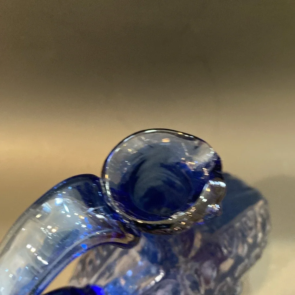 Vintage Hand Blown Cobalt Blue Raised Design Pitcher Vase Handled Jug 9.5